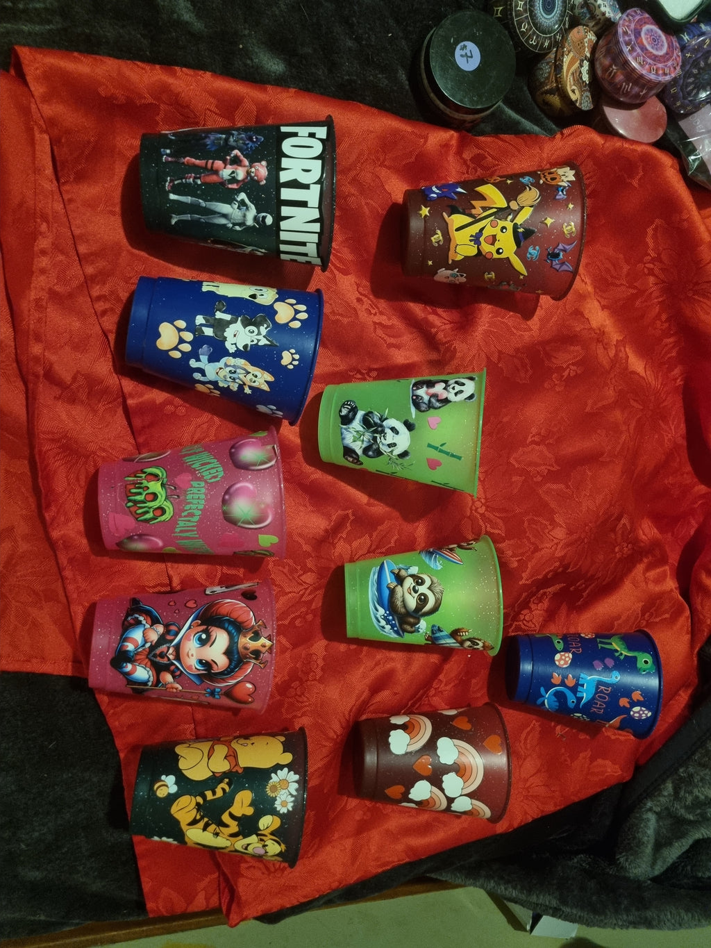 Decorated plastic cups.